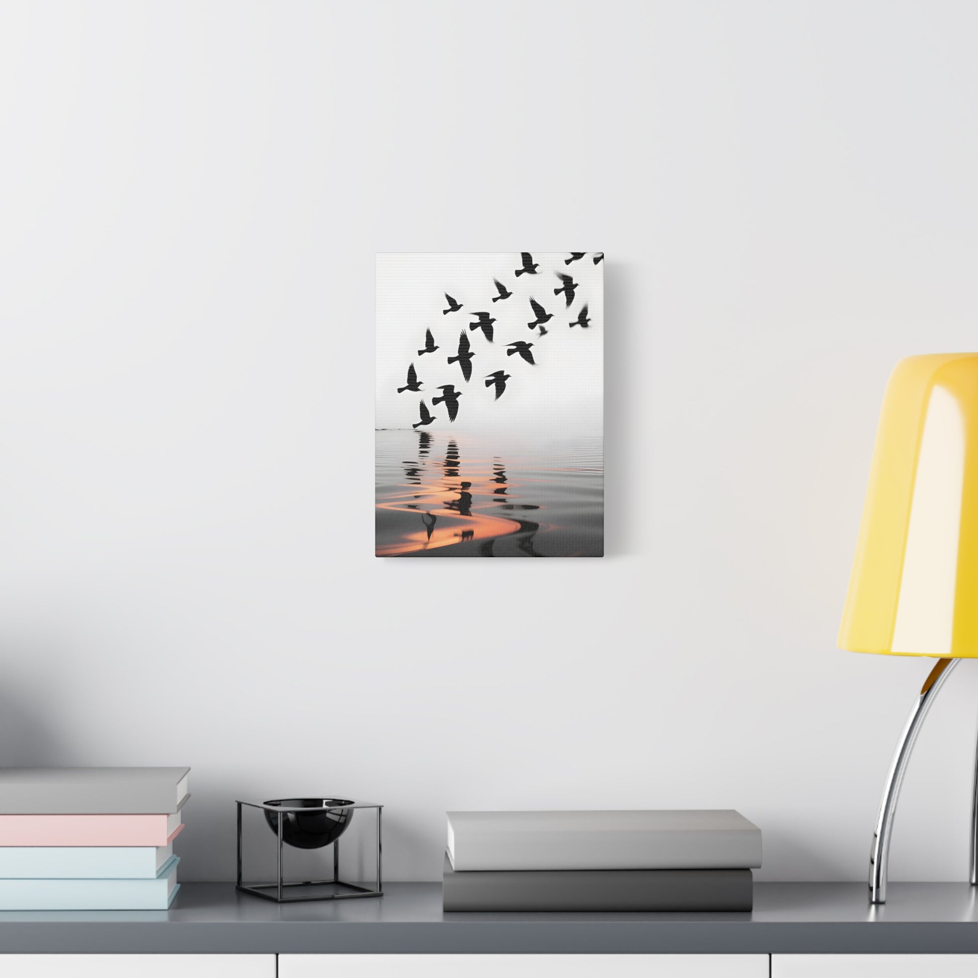 Canvas Wall Art — Flock of Birds Silhouette over Reflective Water (Matte Stretched) - S & M Design Studios