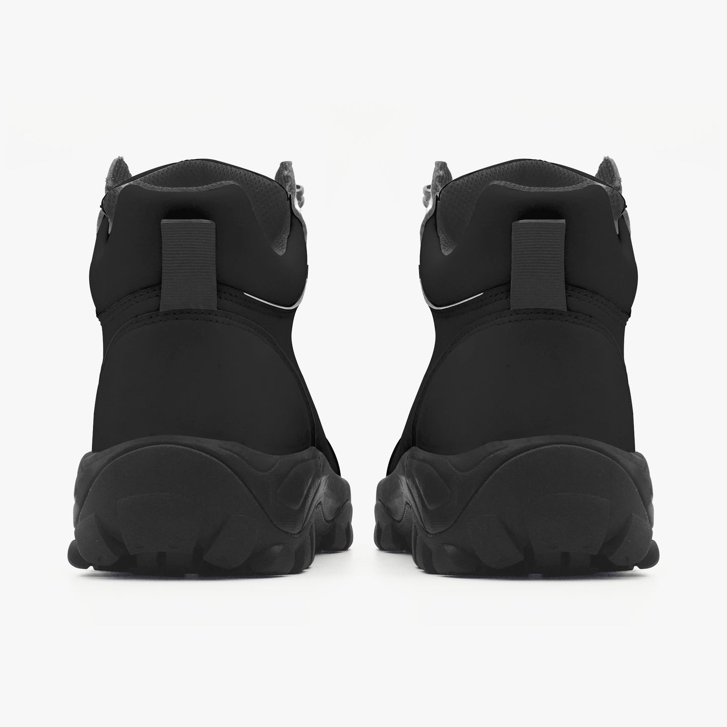 Black hiking boots with unique design on a white background
