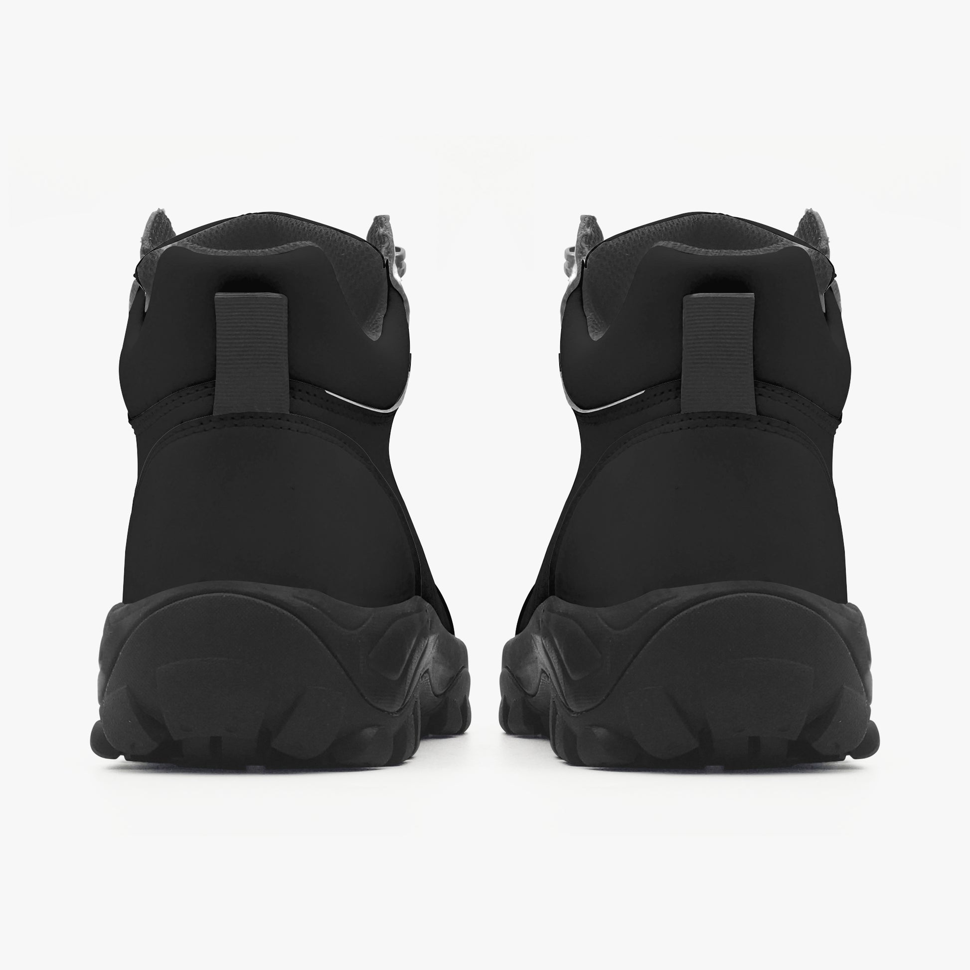 Black hiking boots with unique design on a white background