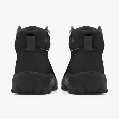 Black hiking boots with unique design on a white background