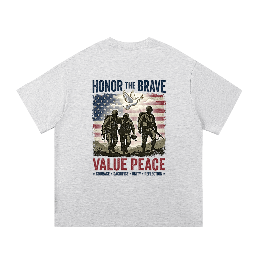 Gray t-shirt with a graphic design featuring soldiers, an American flag, and text on a white background. Support The Troops T-Shirt
Protest The War