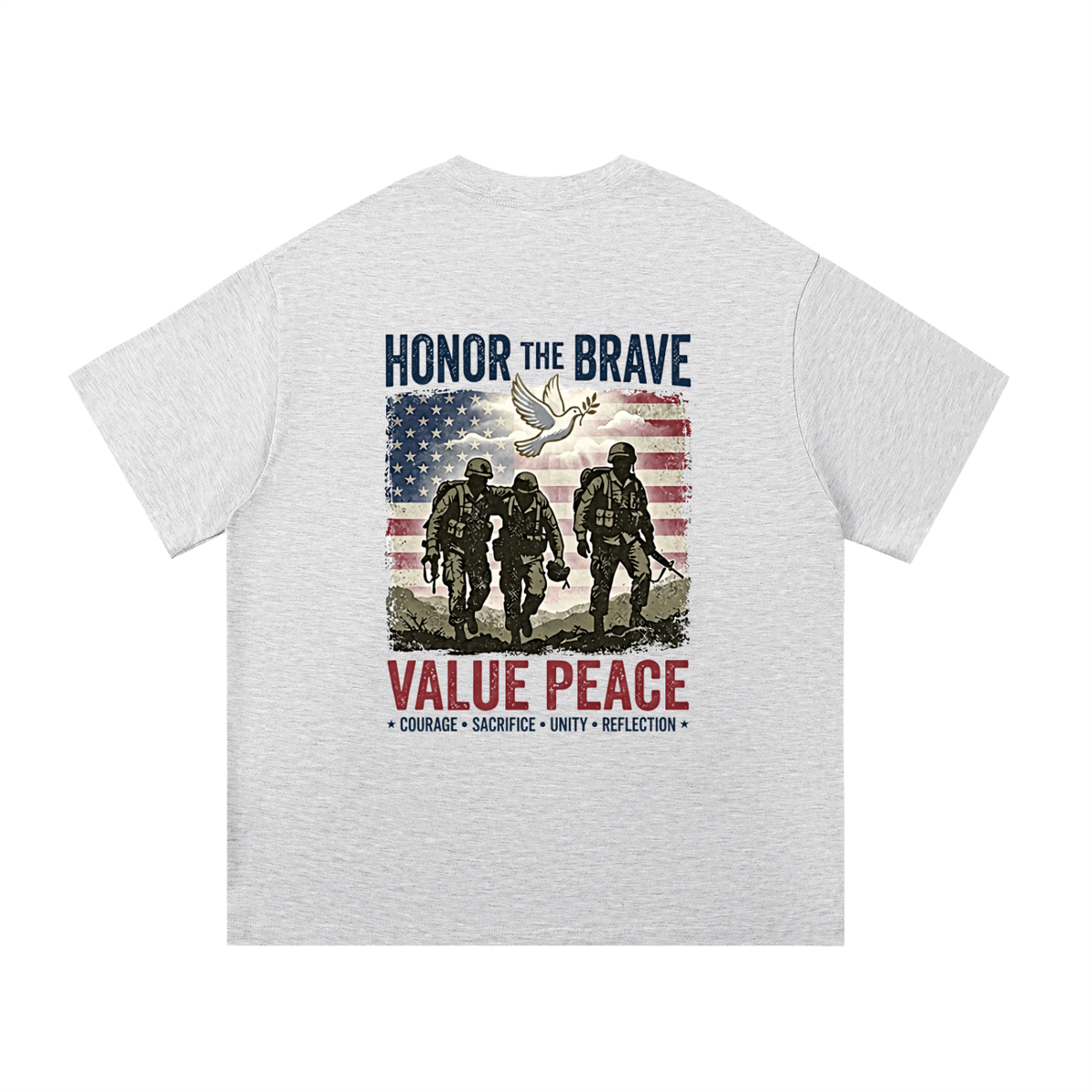 Gray t-shirt with a graphic design featuring soldiers, an American flag, and text on a white background. Support The Troops T-Shirt
Protest The War