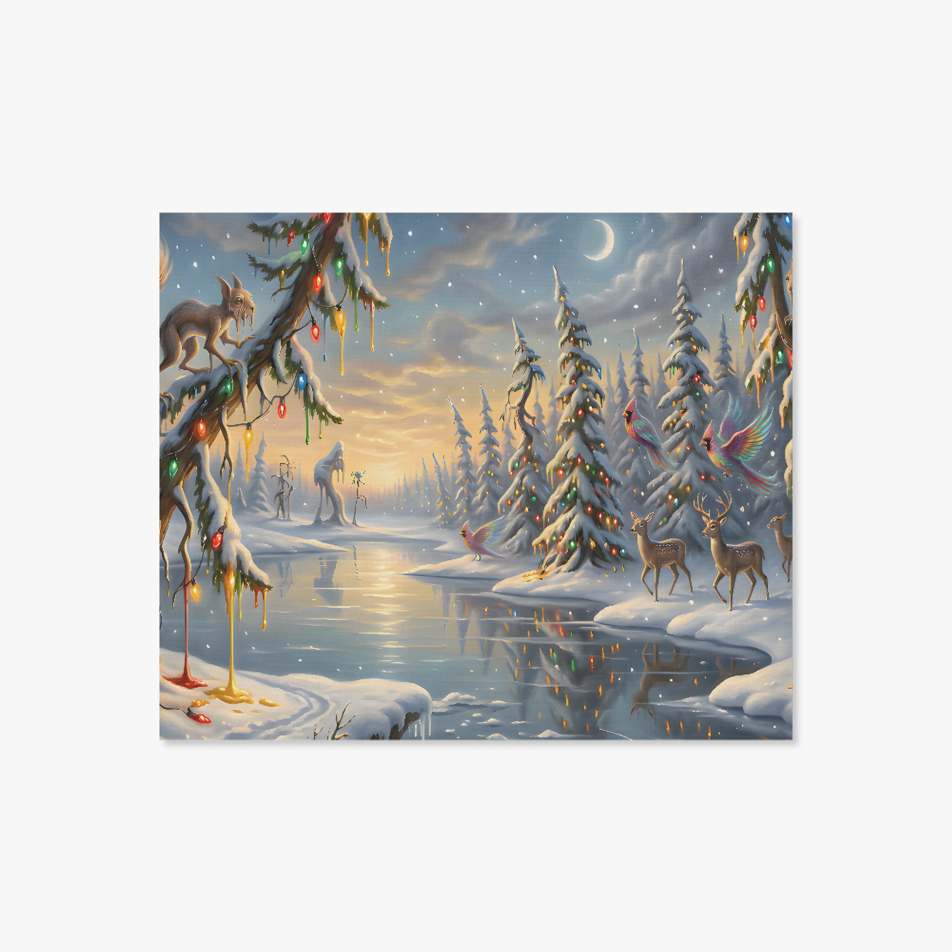 Winter scene with trees decorated with lights, animals, and a snowy landscape. Dali Inspired
