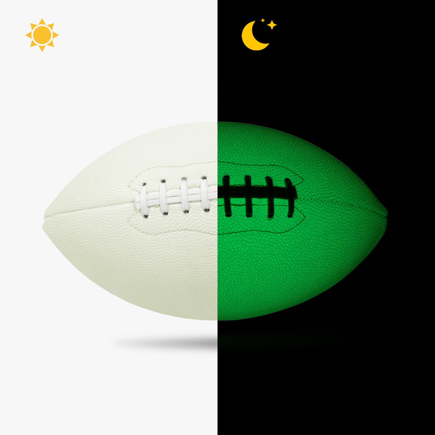Glowing football on a white background with sun icon, and another football on a black background with moon and star icons.