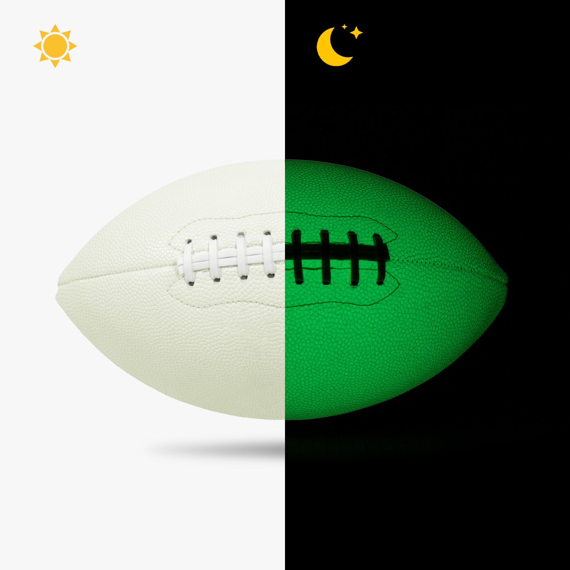 Glowing football on a white background with sun icon, and another football on a black background with moon and star icons.