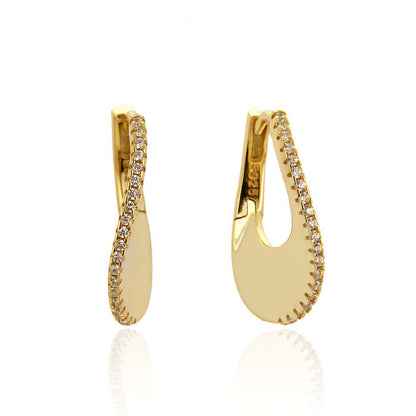 Women Elegant CZ U Shape Earrings in 925 Sterling Silver with AAA Cubic Zirconia, 18K gold or rhodium finish, 19mm length, lightweight and secure fit, White Background