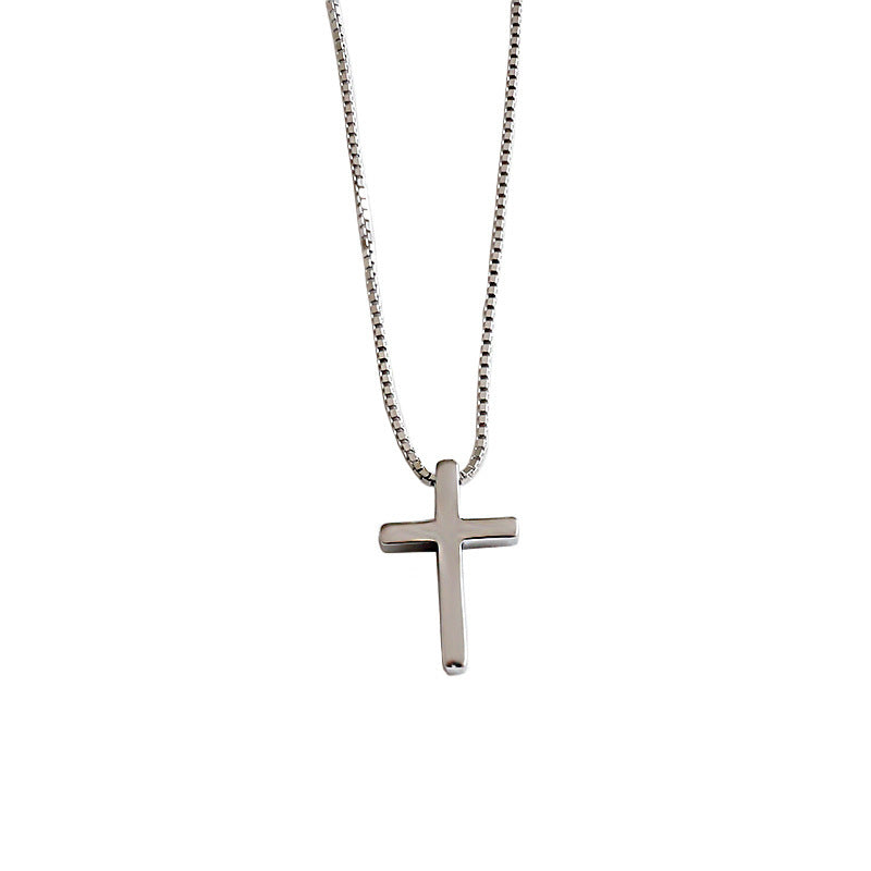 Elegant Cross Pendant Box Chain S925 Silver Necklace, Silver, On White Background