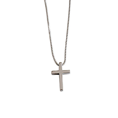 Elegant Cross Pendant Box Chain S925 Silver Necklace, Silver, On White Background