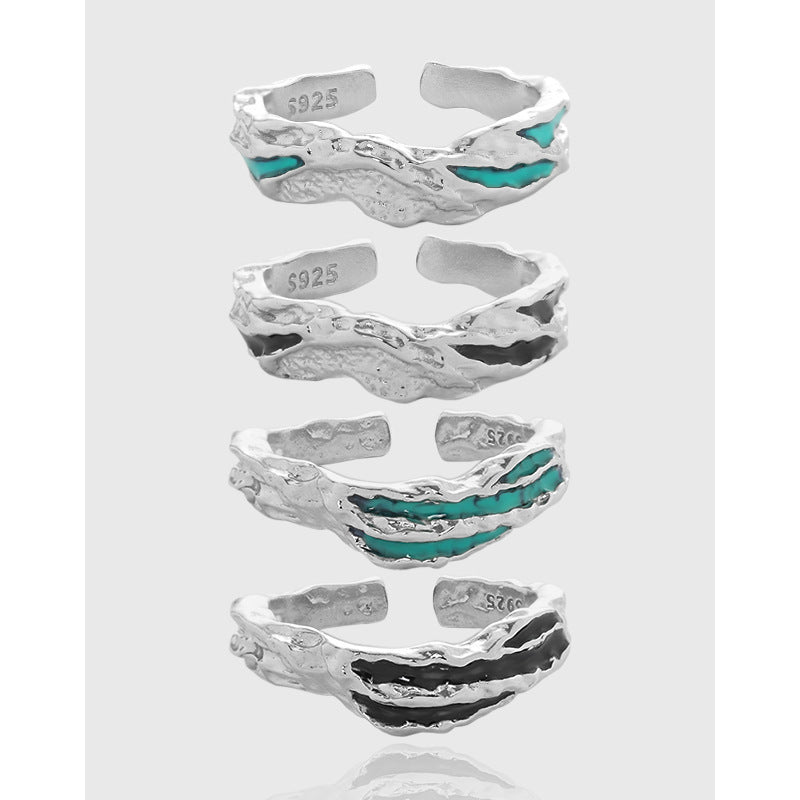 Irregular Textured Geometric Teal And Black Enamel Pure Metal 925 Sterling Silver Adjustable Open Ring 