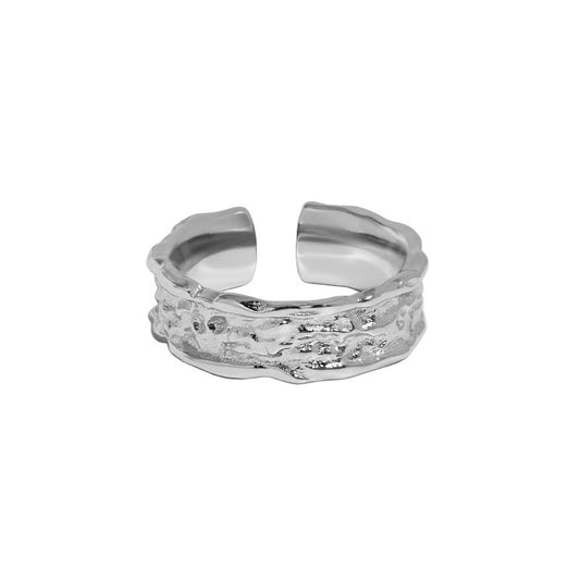 Pure Metal Irregular Hammered Textured Silver Color S925 Sterling Silver Open Adjustable Wide Band Ring S & M Jewels
