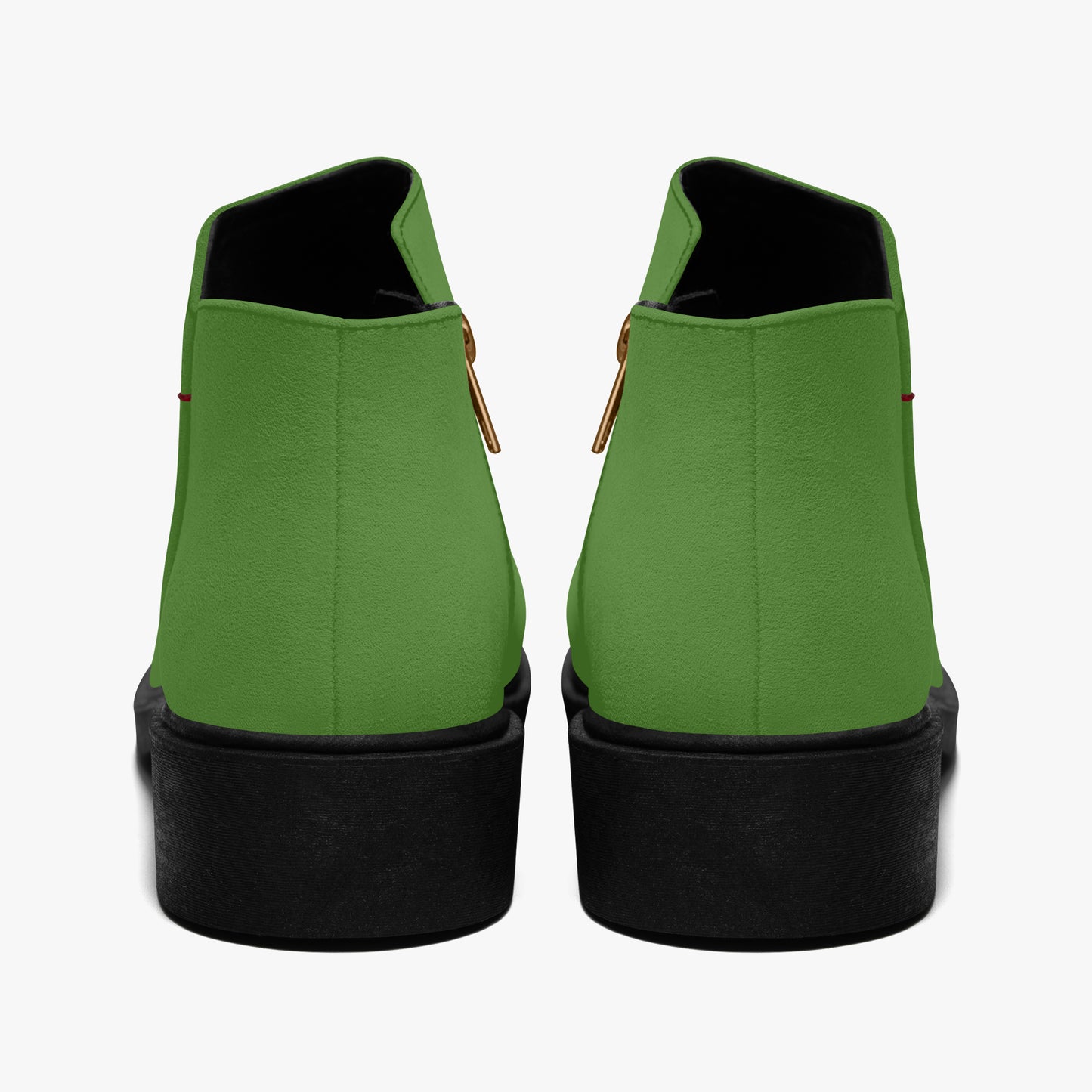 Green ankle boots with black soles on a white background, Zipper Boots