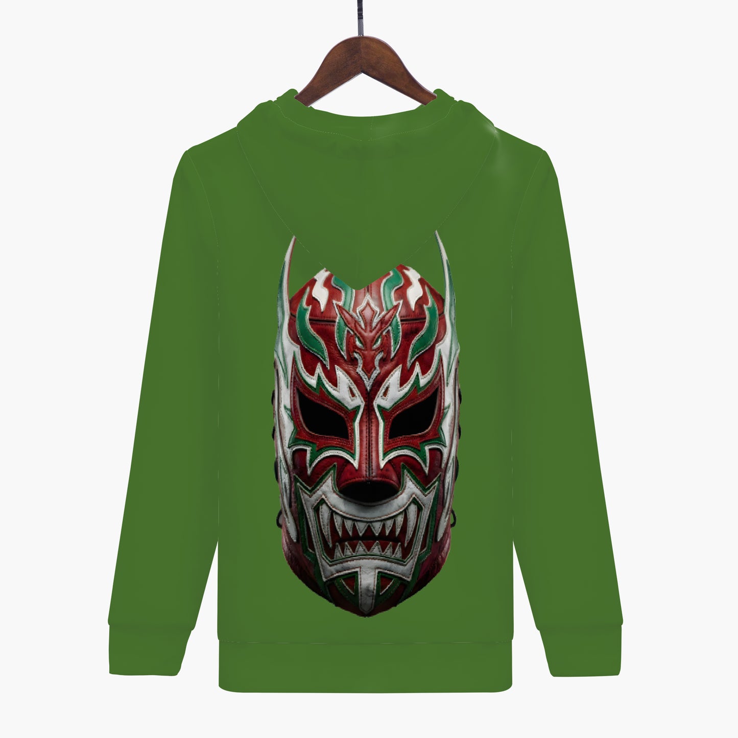 Green sweatshirt with a mask design on a hanger against a white background, Lucha Libre Sweatshirt