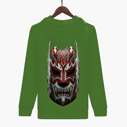 Green sweatshirt with a mask design on a hanger against a white background, Lucha Libre Sweatshirt