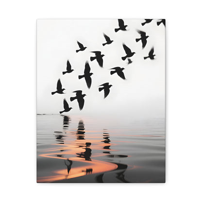 Canvas Wall Art — Flock of Birds Silhouette over Reflective Water (Matte Stretched) - S & M Design Studios