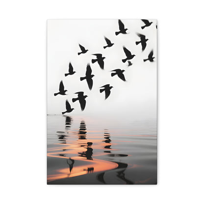 Canvas Wall Art — Flock of Birds Silhouette over Reflective Water (Matte Stretched) - S & M Design Studios