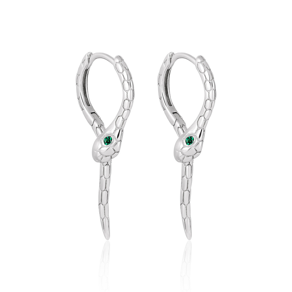 Modern Animal Gree CZ Eye Snake 925 Sterling Silver green cubic zirconia dangling earrings, on white background
