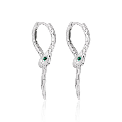 Modern Animal Gree CZ Eye Snake 925 Sterling Silver green cubic zirconia dangling earrings, on white background