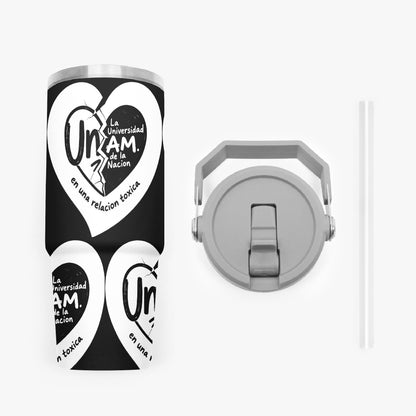 Black and white tumbler with a heart design and text on a white background.
UNAM