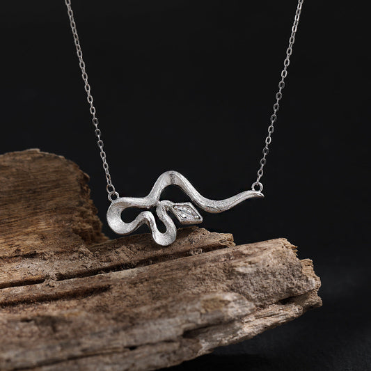 Modern Rhombus CZ curved snake necklace in 925 sterling silver with cubic zirconia pendant
