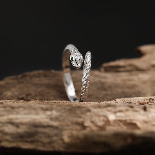 925 sterling silver adjustable snake ring with party green CZ eyes and cubic zirconia stones
