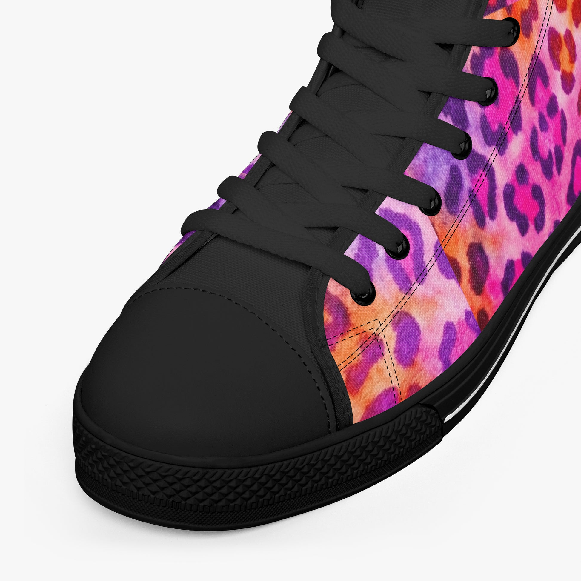 Black high-top sneaker with a colorful leopard print pattern on a white background