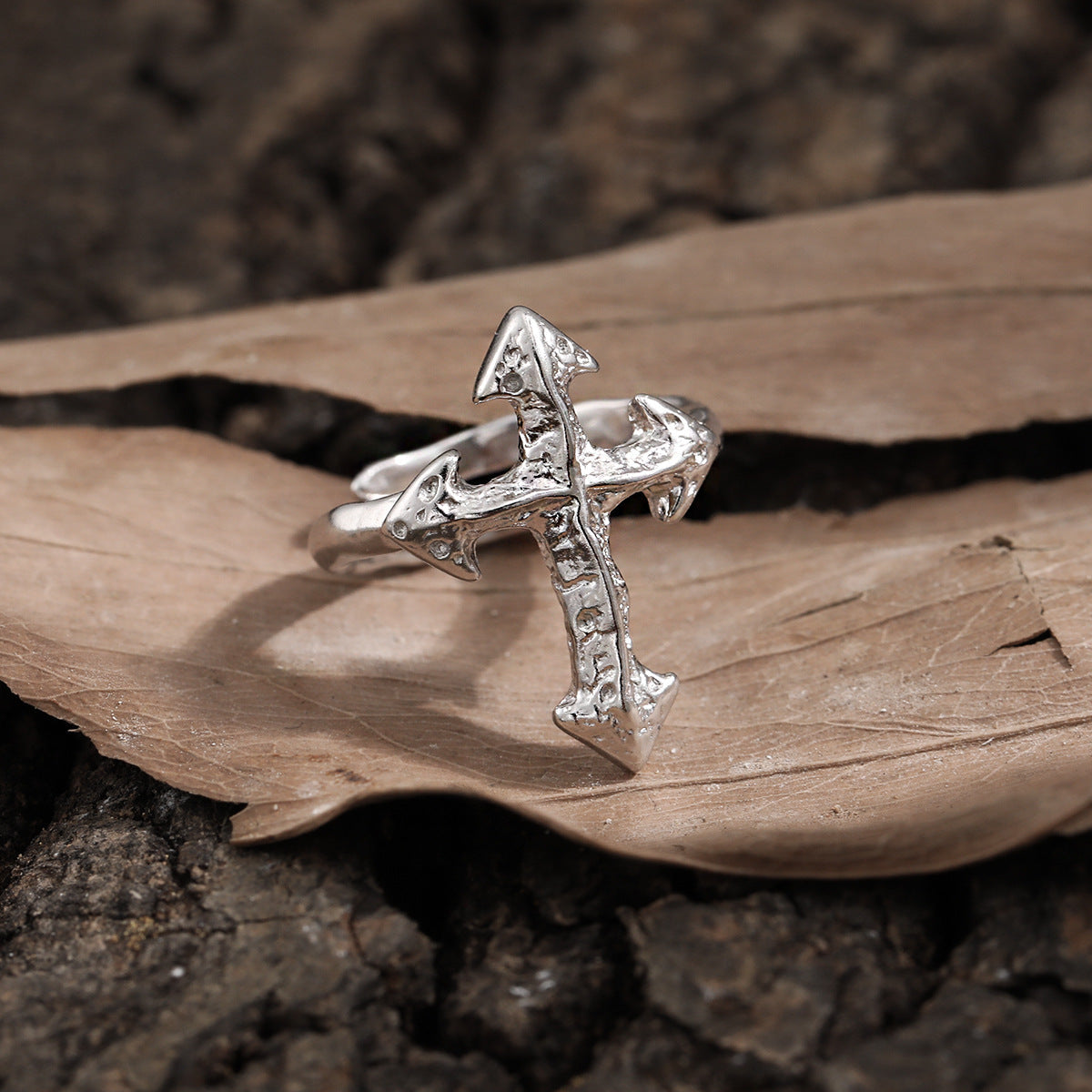 Modern Irregular Cross 925 Sterling Silver Adjustable Ring with 22mm top size