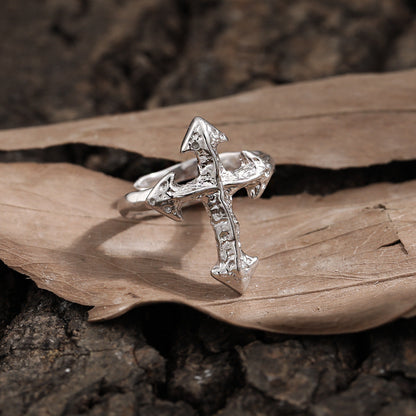 Modern Irregular Cross 925 Sterling Silver Adjustable Ring with 22mm top size