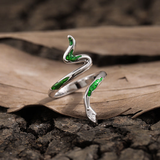  Green Epoxy Snake 925 Sterling Silver Adjustable Ring 