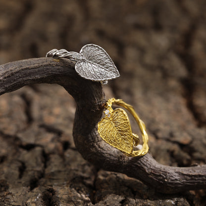 Big Leaf 925 Sterling Silver Adjustable Twisted Ring, Nature Ring, Silver, Gold