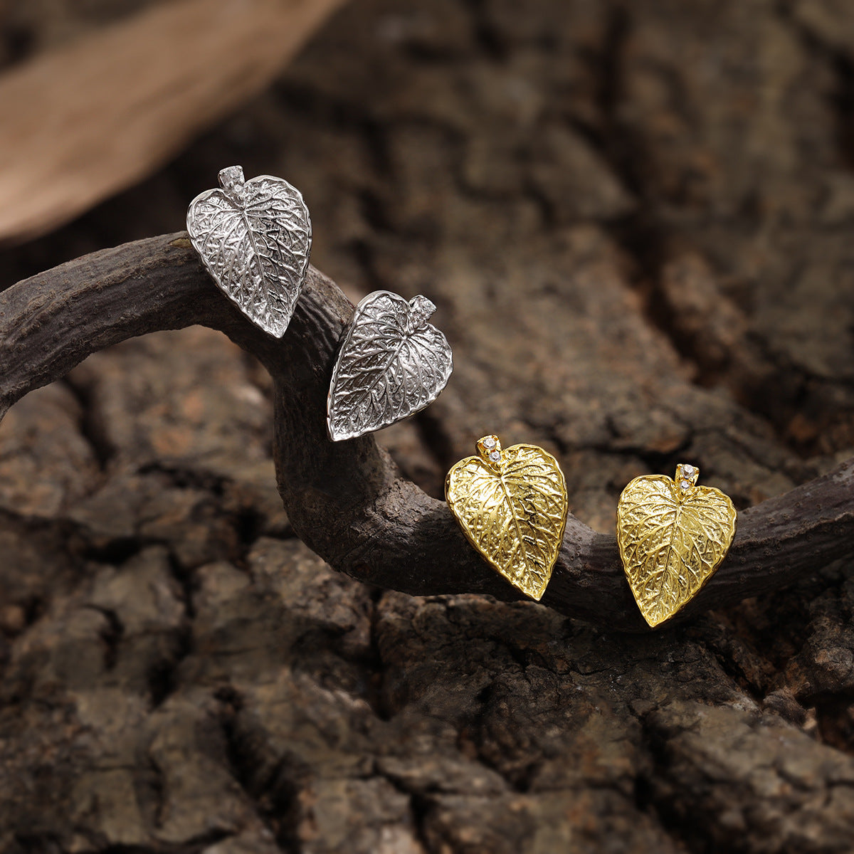 Leaves 925 Sterling Silver Stud Earrings, Silver, Gold