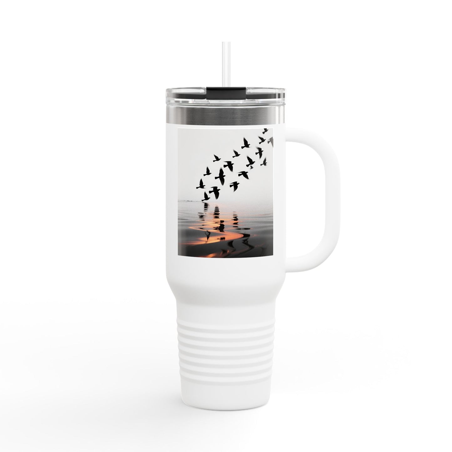 Sunset Shore with Flying Birds Travel Mug | 40oz Insulated Tumbler - S & M Design Studios
