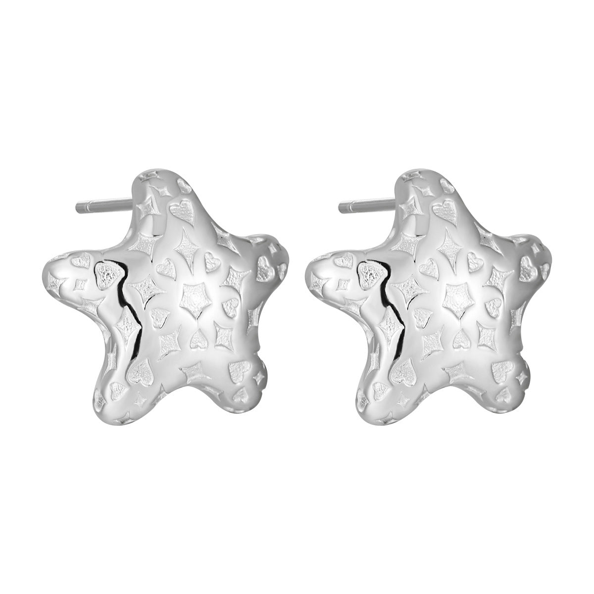Starfish Pattern Sweet Cool Style S925 Sterling Silver Stud Earrings, Silver, White Background