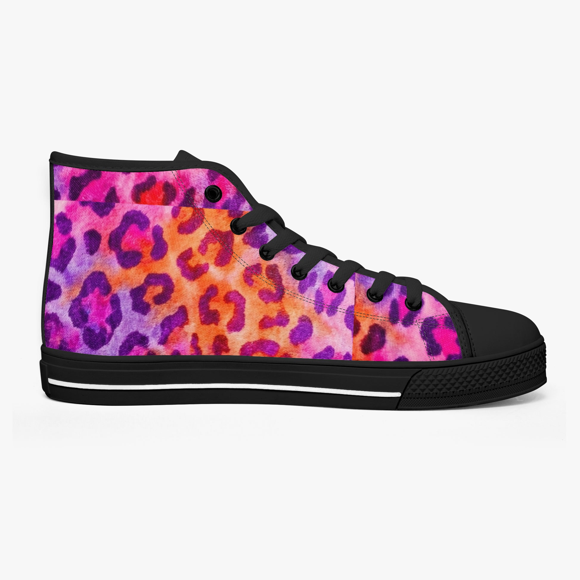 High-top sneaker with a colorful leopard print pattern on a white background