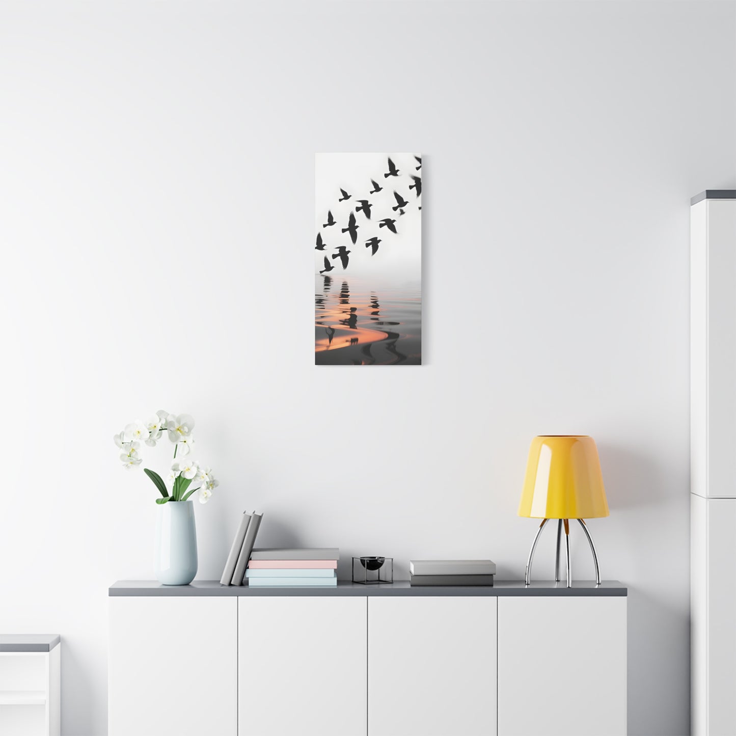 Canvas Wall Art — Flock of Birds Silhouette over Reflective Water (Matte Stretched) - S & M Design Studios