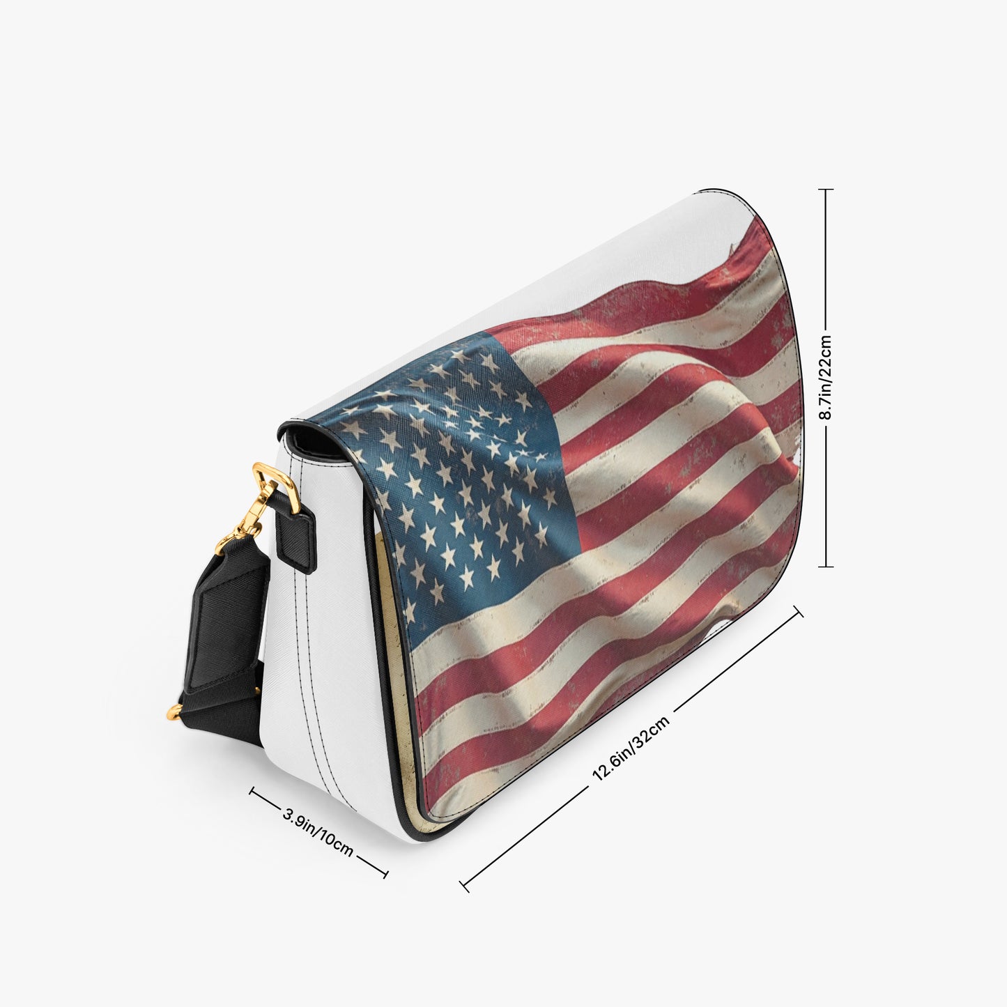 Handbag with American flag design and measurements on a white background