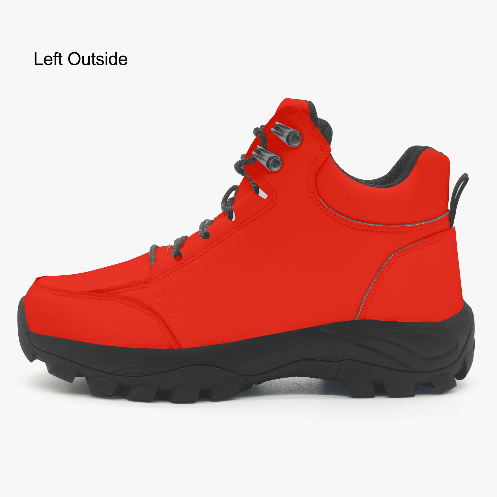 Red hiking boot with black sole on a white background