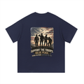 Navy blue t-shirt with a graphic of soldiers and an American flag on the back, featuring text. Support The Troops T-Shirt
Protest The War