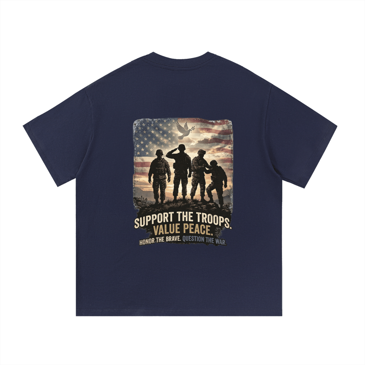 Navy blue t-shirt with a graphic of soldiers and an American flag on the back, featuring text. Support The Troops T-Shirt
Protest The War