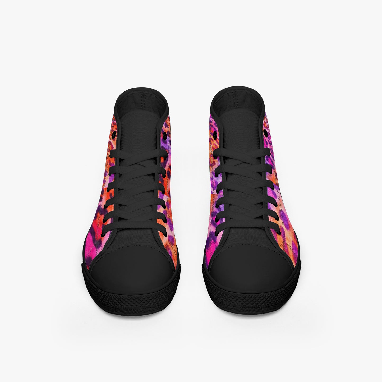 Black high-top sneakers with colorful abstract pattern on a white background