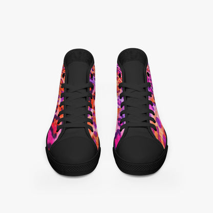 Black high-top sneakers with colorful abstract pattern on a white background