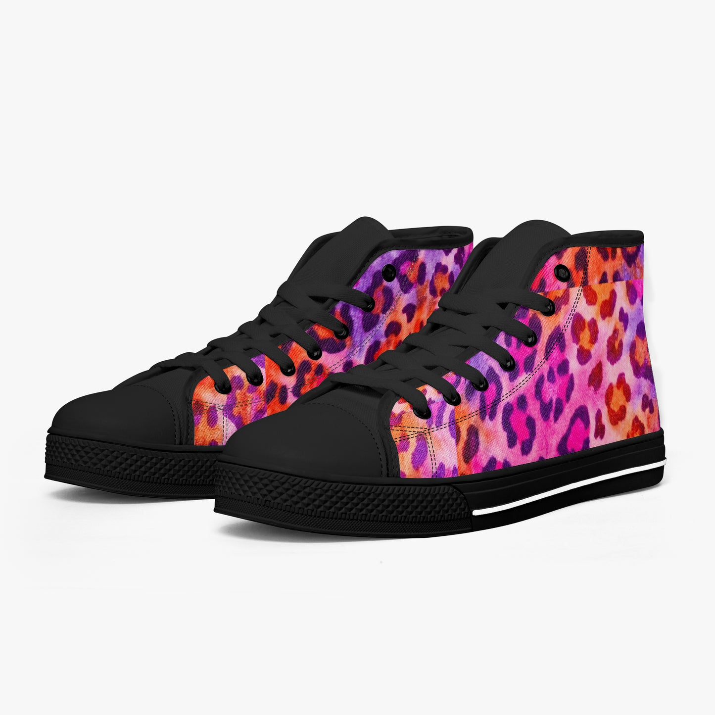Black high-top sneakers with colorful leopard print pattern on a white background