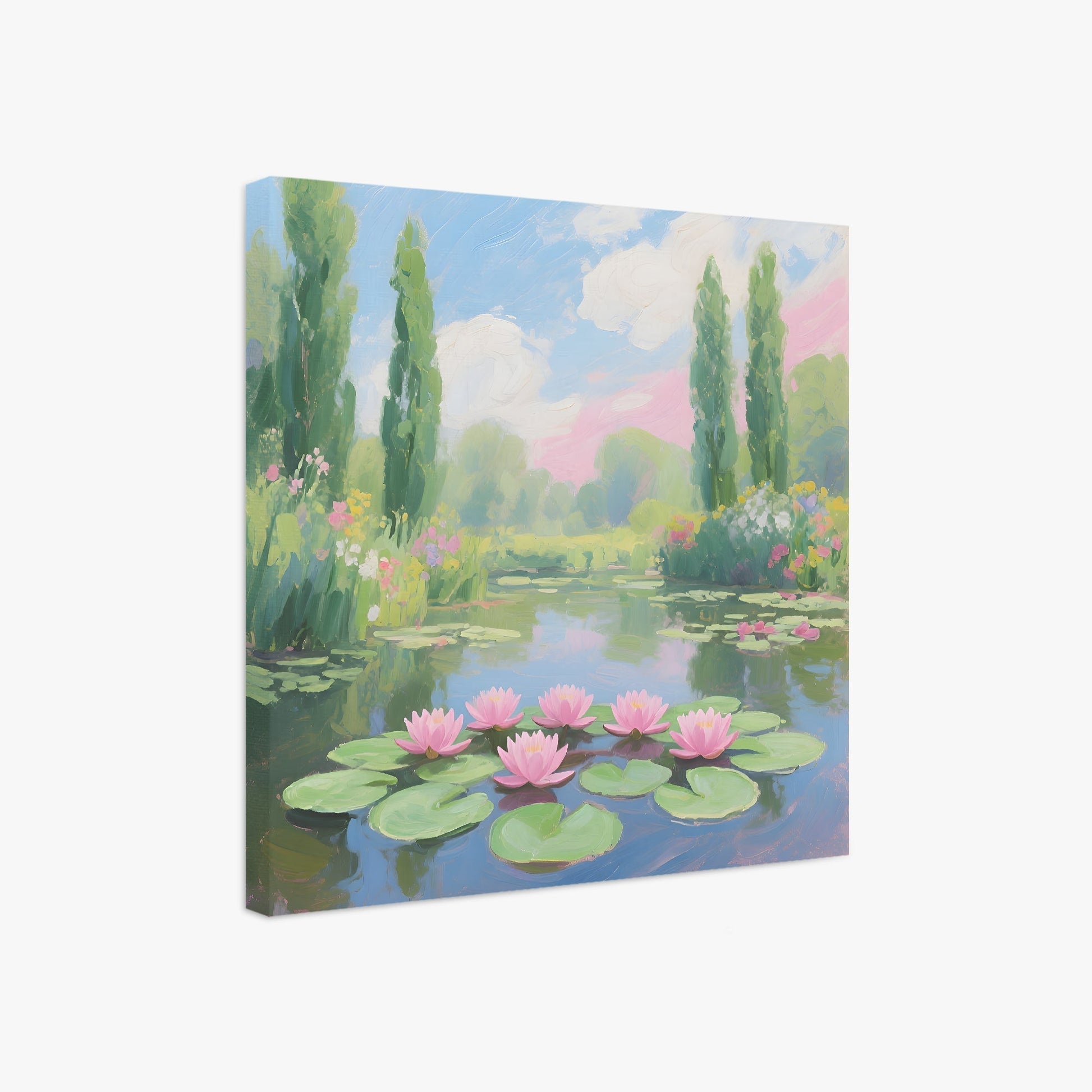 Canvas print of a serene landscape with pink water lilies on a pond, green trees, and blue sky.