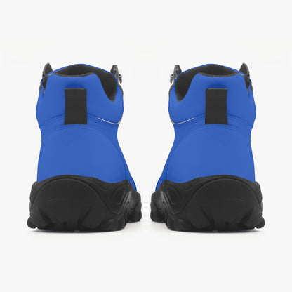 Blue and black hiking boots on a white background, 