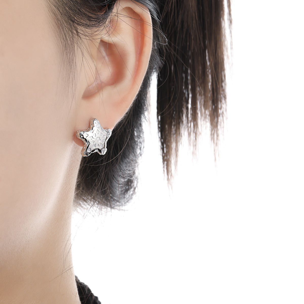 Women Starfish Pattern Sweet Cool Style S925 Sterling Silver Stud Earrings, Silver, On Ear