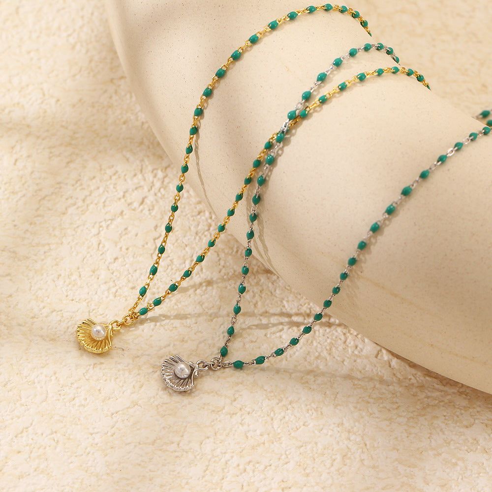 Holiday gift sterling silver necklace with round natural pearl shell and green epoxy pendant, silver, gold