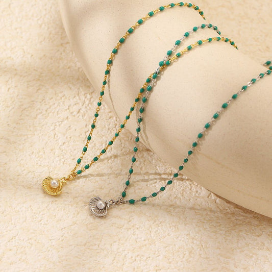 Holiday gift sterling silver necklace with round natural pearl shell and green epoxy pendant, silver, gold