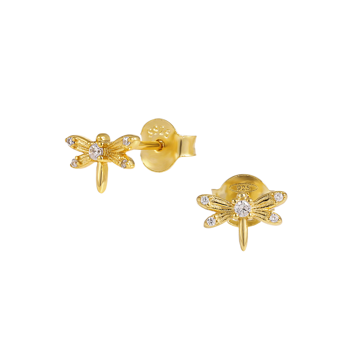 Gold dragonfly-shaped earrings on a white background