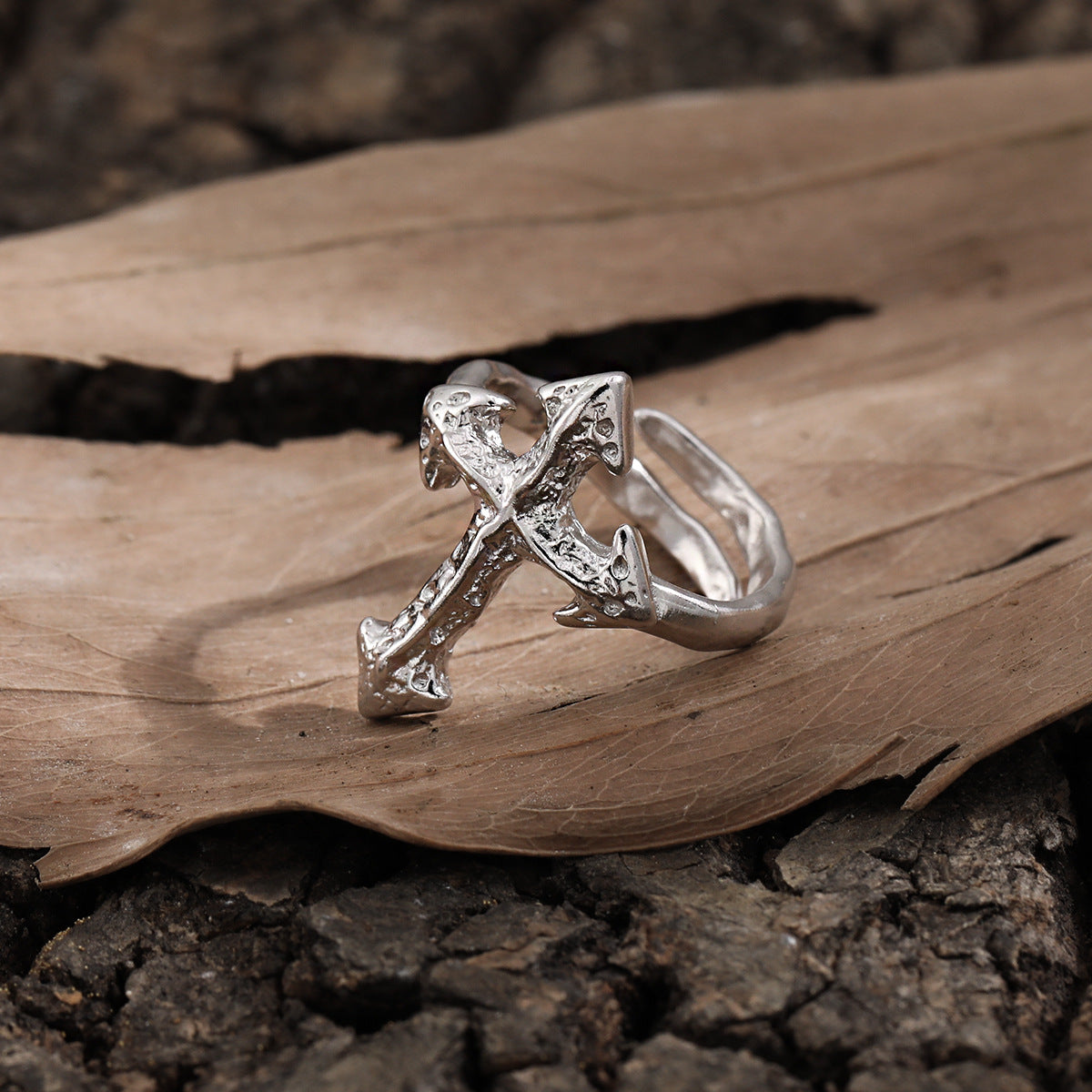 Modern Irregular Cross 925 Sterling Silver Adjustable Ring with 22mm top size and open design