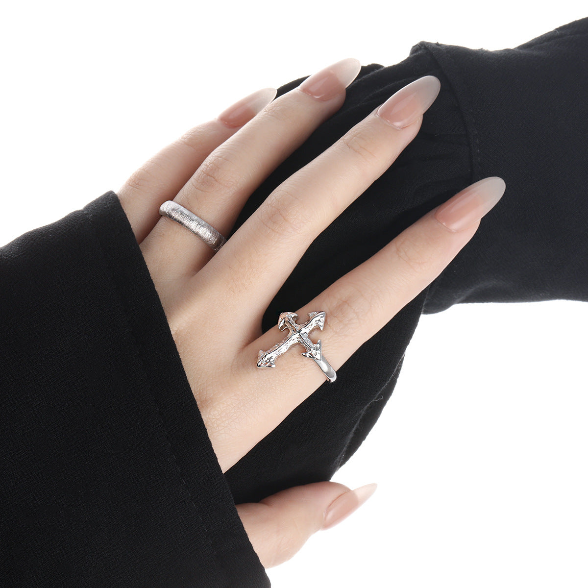 Modern Irregular Cross 925 Sterling Silver Adjustable Ring with 22mm Top, Solid Silver, 4.5g, Displayed on Finger