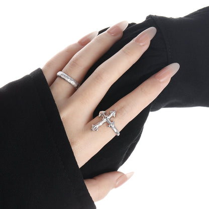 Modern Irregular Cross 925 Sterling Silver Adjustable Ring with 22mm Top, Solid Silver, 4.5g, Displayed on Finger